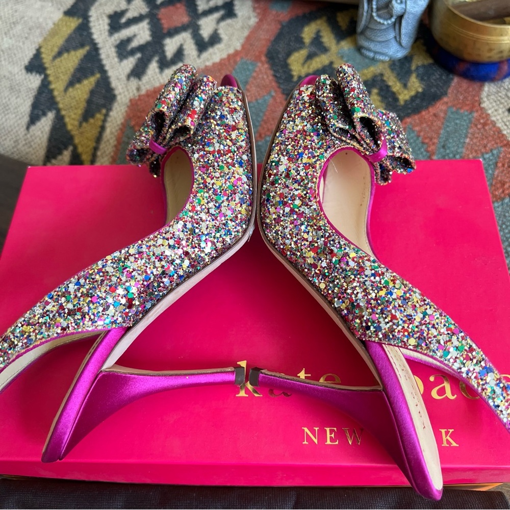 Kate Spade Charm Glitter/Sparkle Hot Pink Slingback Heels Box & Dust Bag US6 - Picture 12 of 16